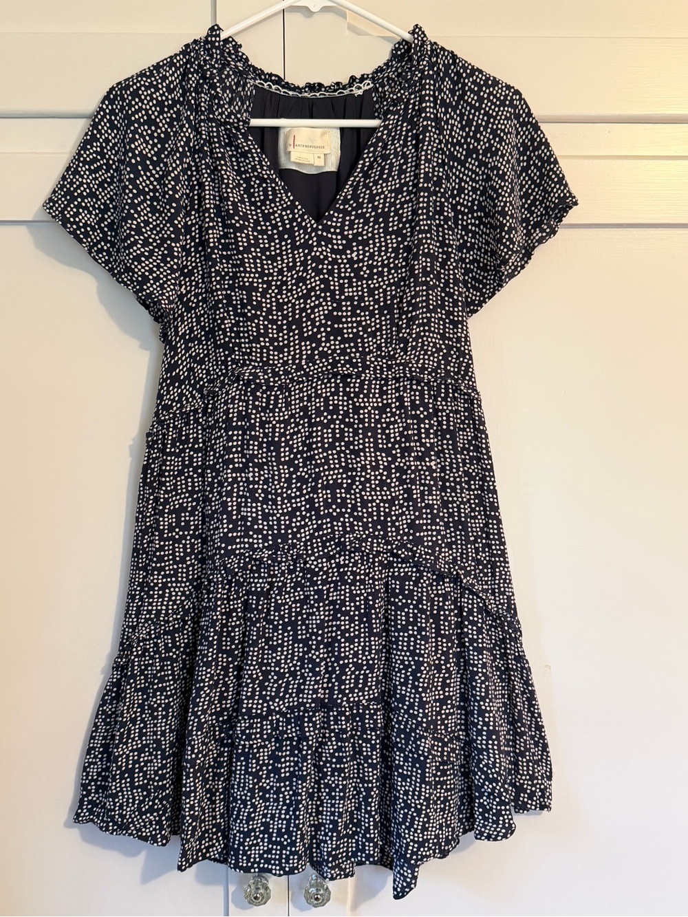 Anthropologie Navy and White Dot Tiered Short Sleeve Dress